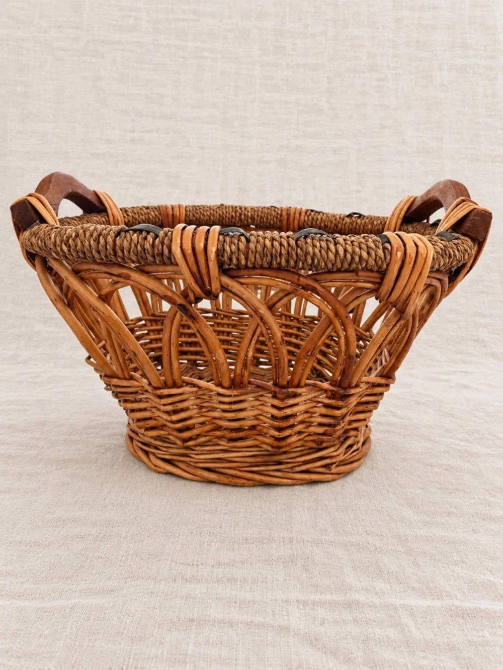 Vintage Woven Wicker Basket Wood Handles Open Weave Pedestal